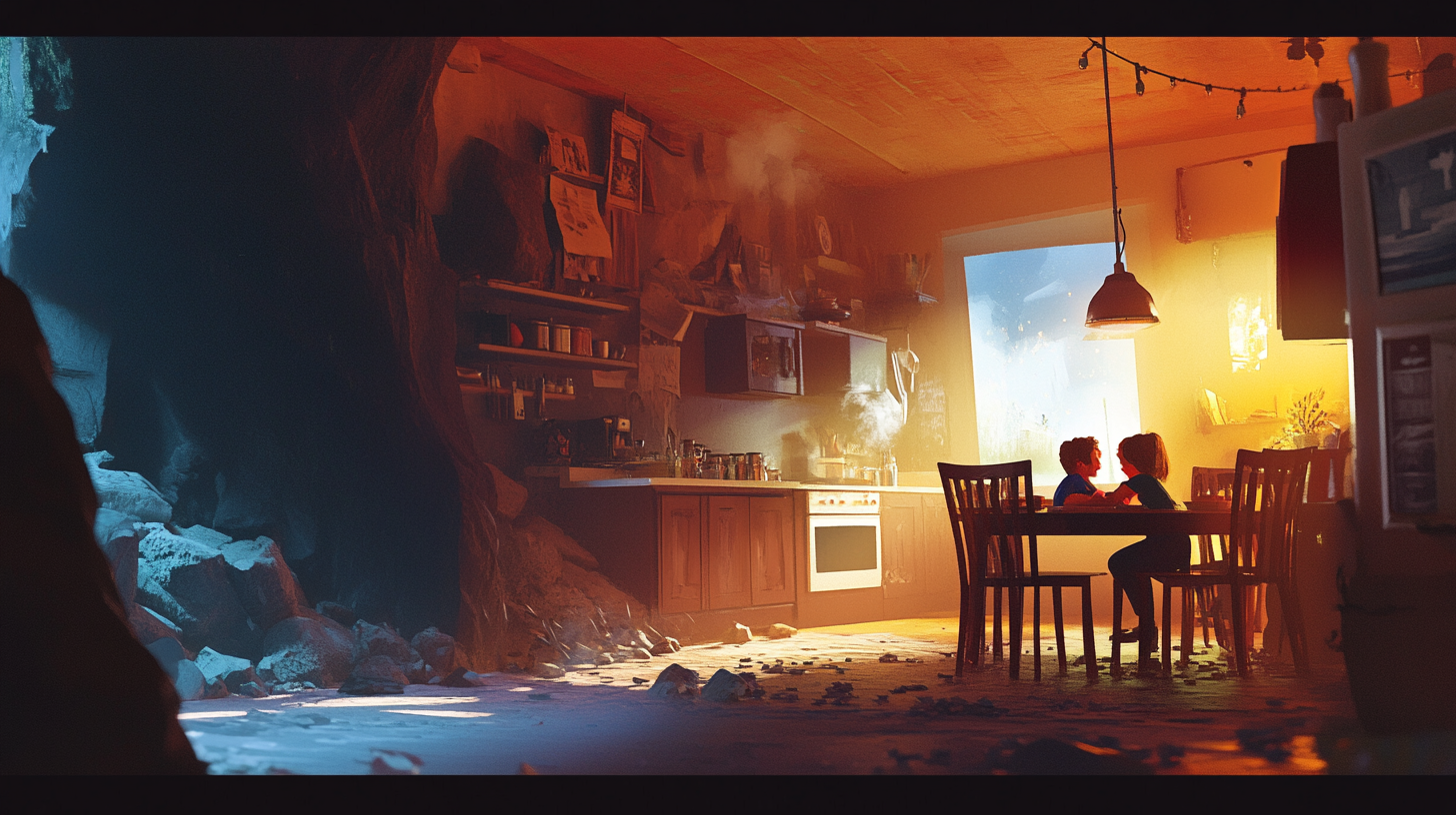 Dynamic Transformation Scene: Darkness to Family Warmth