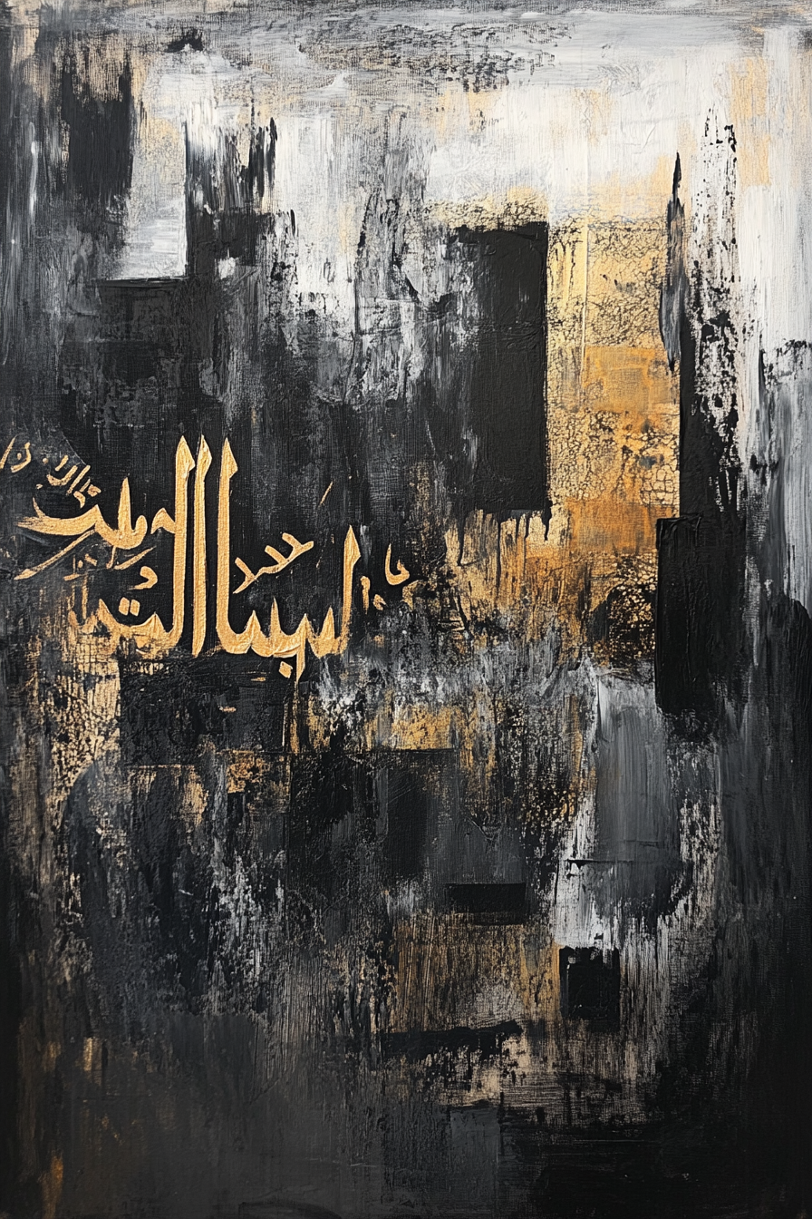 Dynamic abstract painting with Arabic theme in luxury colors.