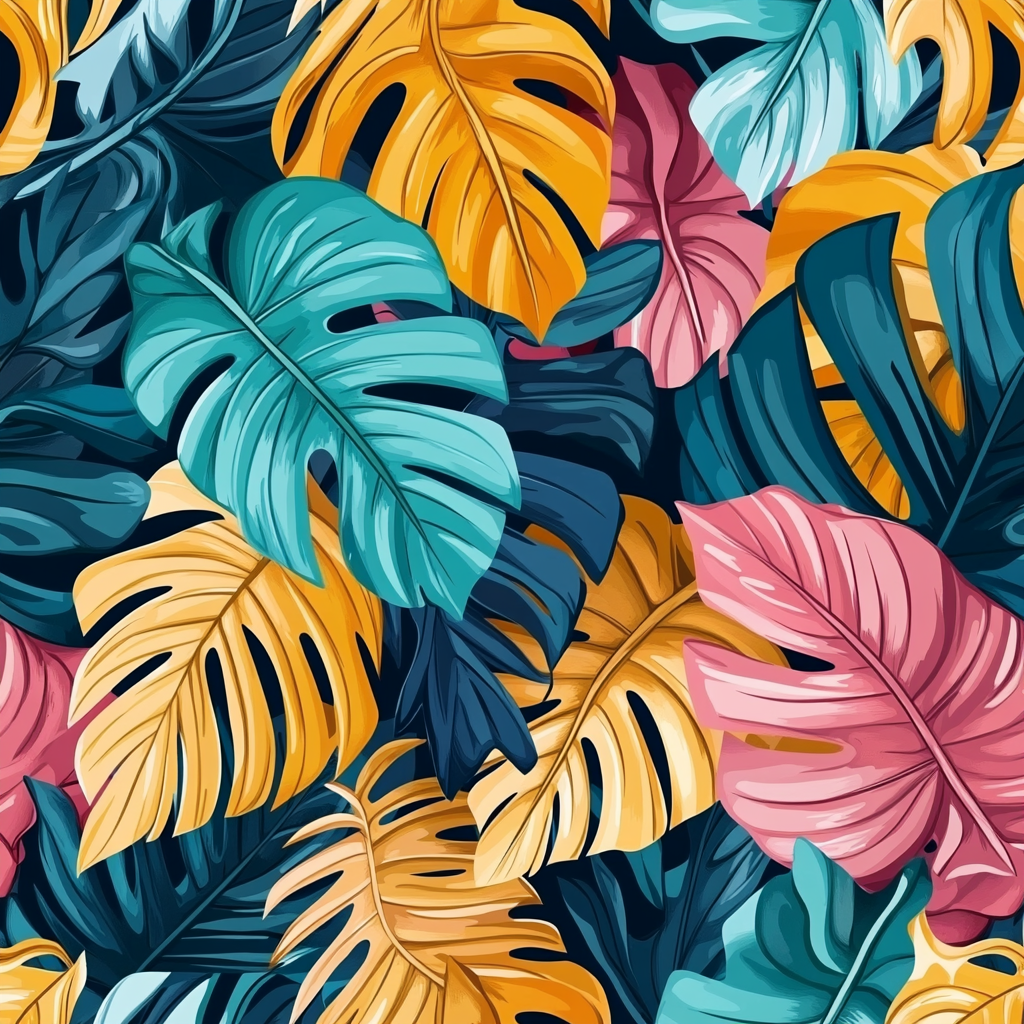 Dynamic abstract pattern with vibrant tropical leaves.