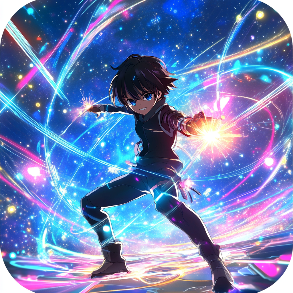 Dynamic anime-style character in powerful pose, collecting shining stars.