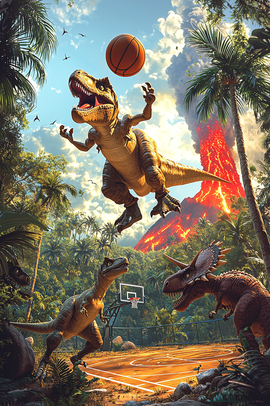 Dynamic dinosaurs playing basketball in lush prehistoric jungle court.