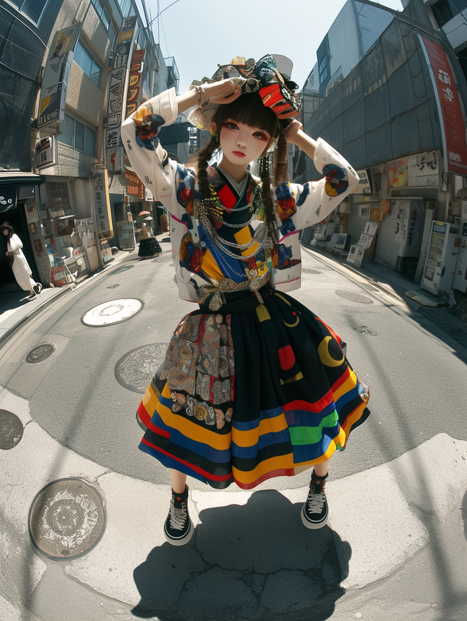 Dynamic effect captures beautiful Japanese woman in vibrant fashion.