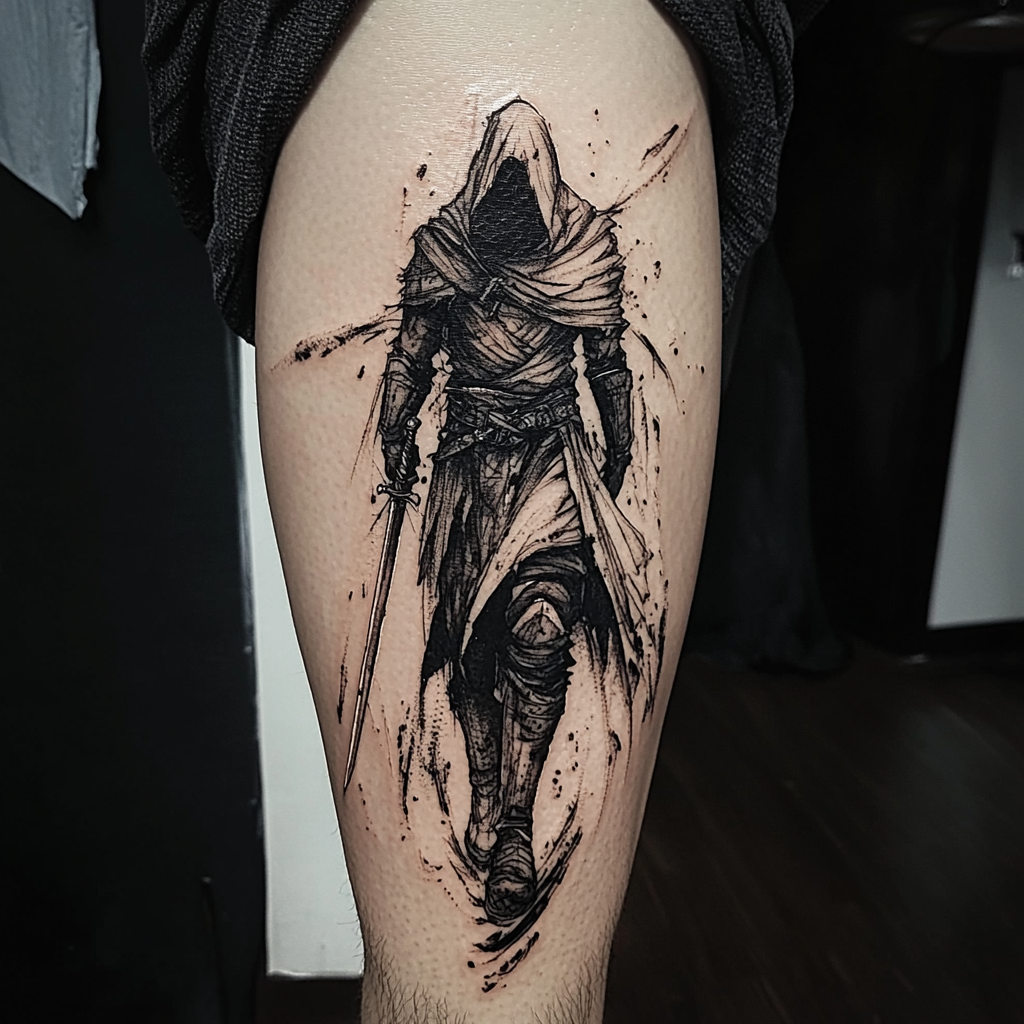 Dynamic figure with sword, hooded face, leg tattoo design.