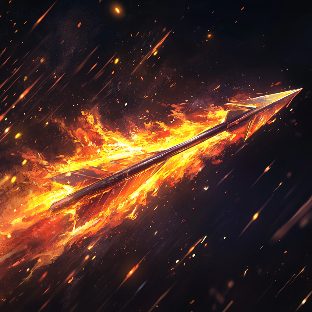 Dynamic flaming arrow shooting upward in the dark sky