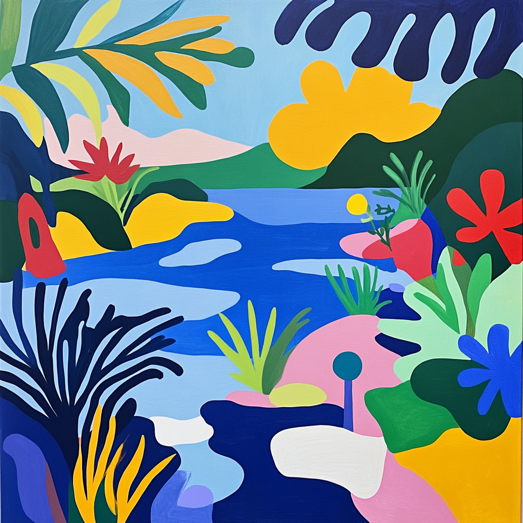 Dynamic lake with colorful flowers inspired by Matisse style.