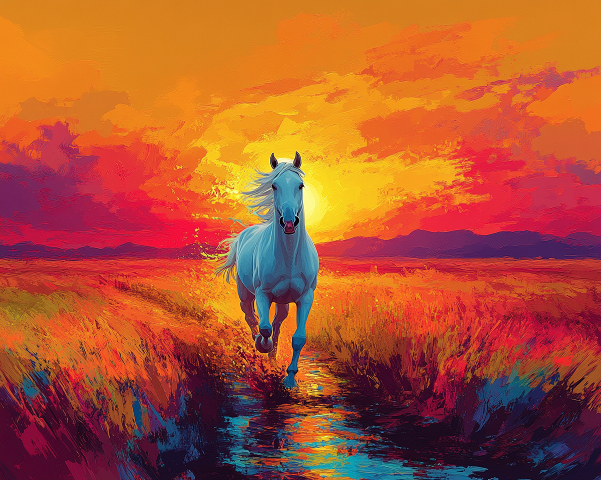 Dynamic painting of white horse in sunset.