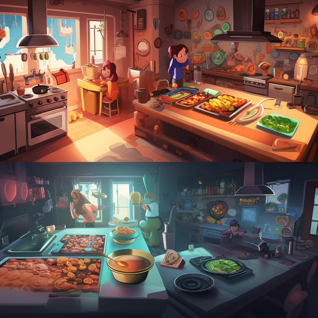 Dynamic scene split in two parts: player cooking.