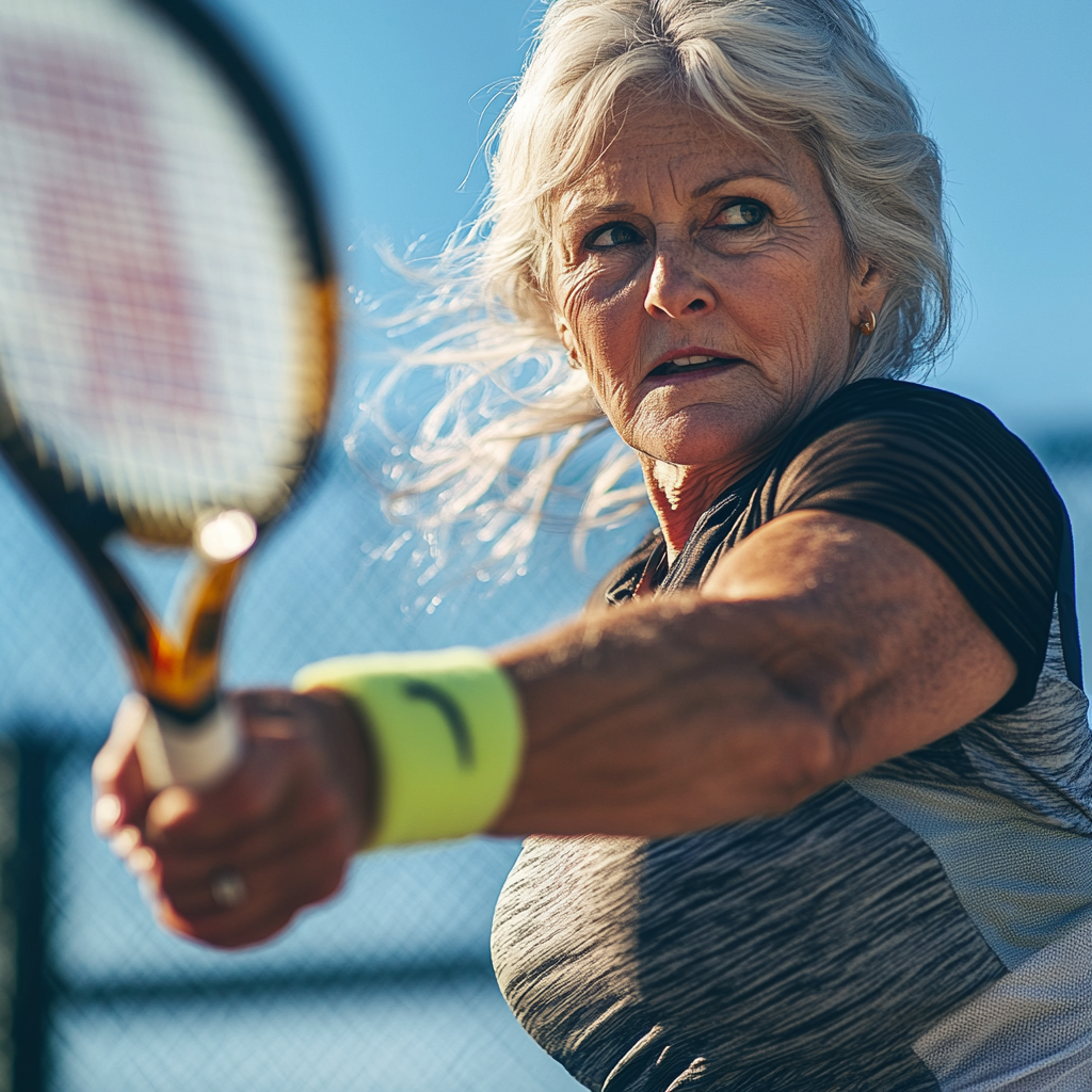 Dynamic shot of determined Christie Brinkley lookalike playing tennis.