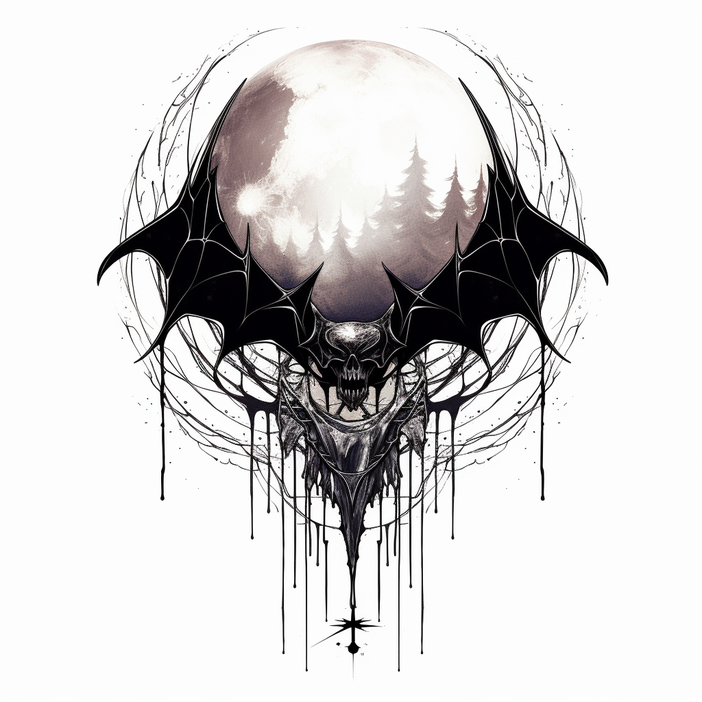 Dynamic spider tattoo design with bat wings and moon.