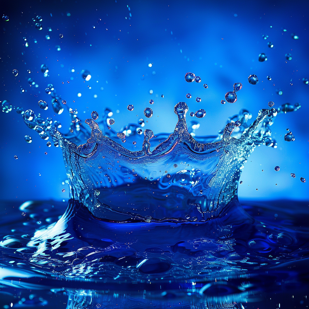 Dynamic splash of water with detailed droplets, vivid background.