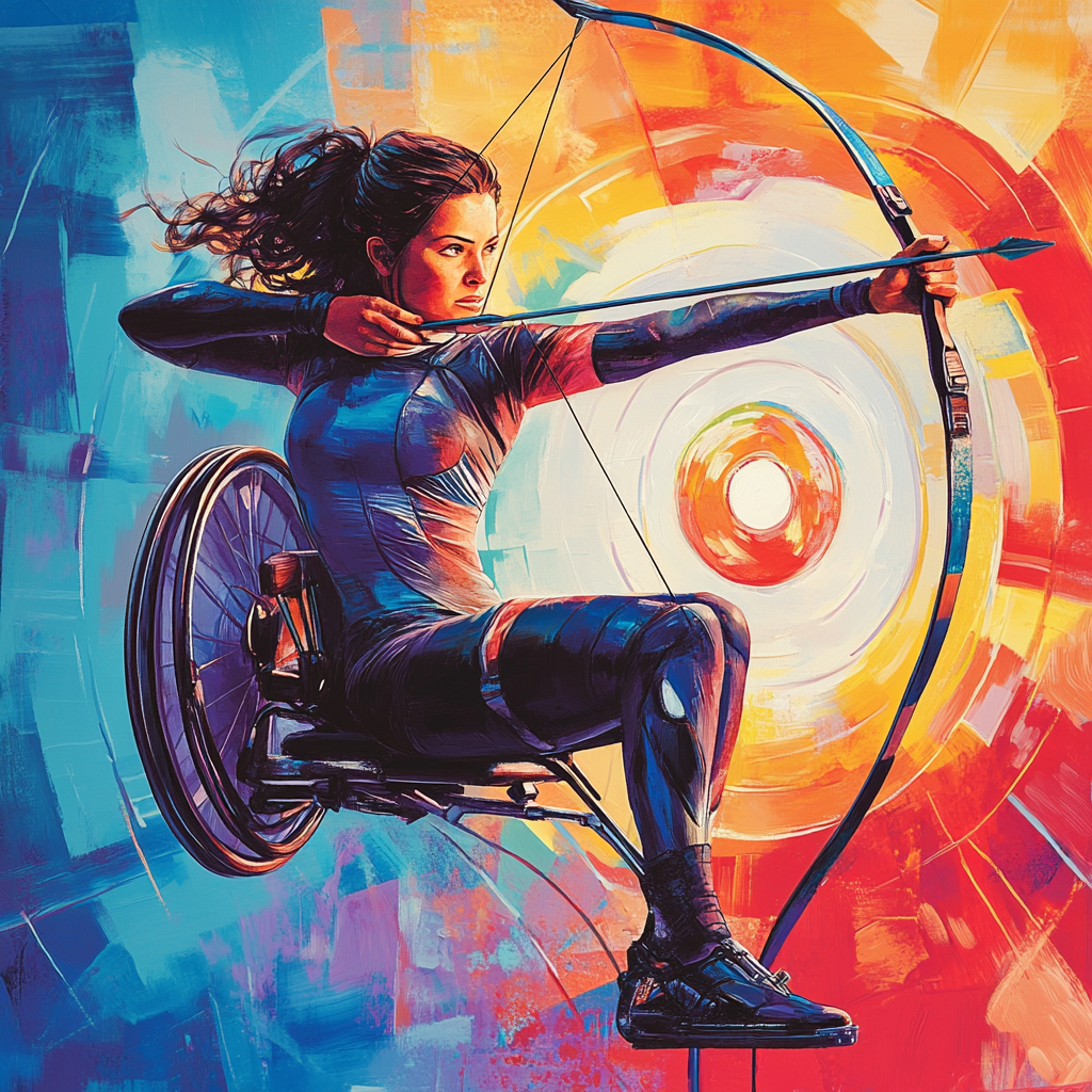 Dynamically Illustrated Paralympic Archer Aiming Bullseye with Feet