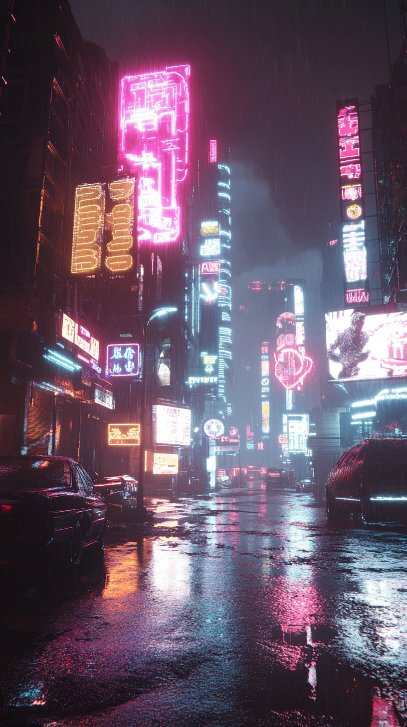 Dystopian, futuristic city, neon signs, rain, puddles.