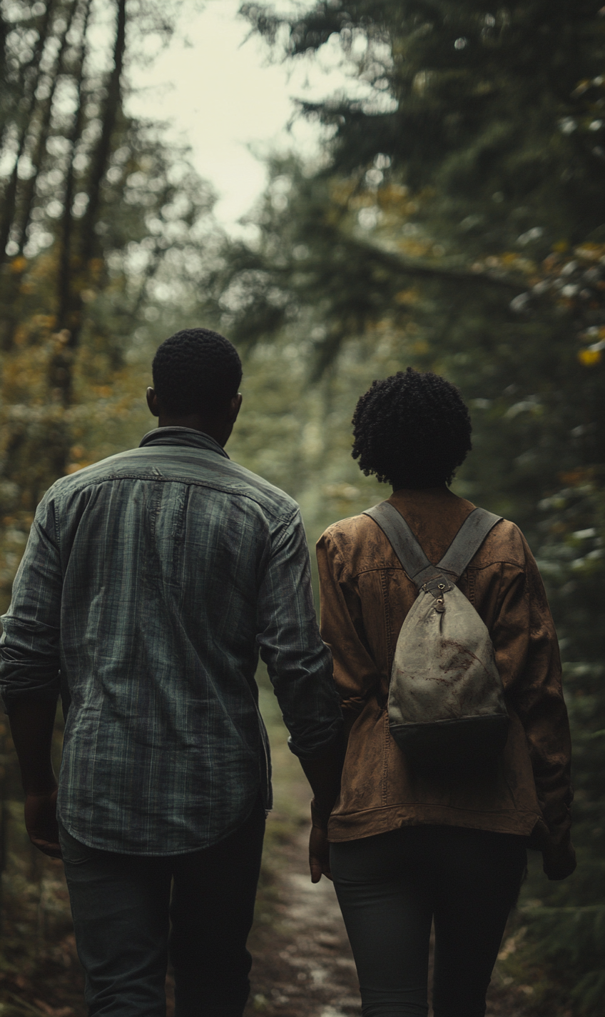 Dystopian Future Couple Walking in Forest, Cinematic Shot 