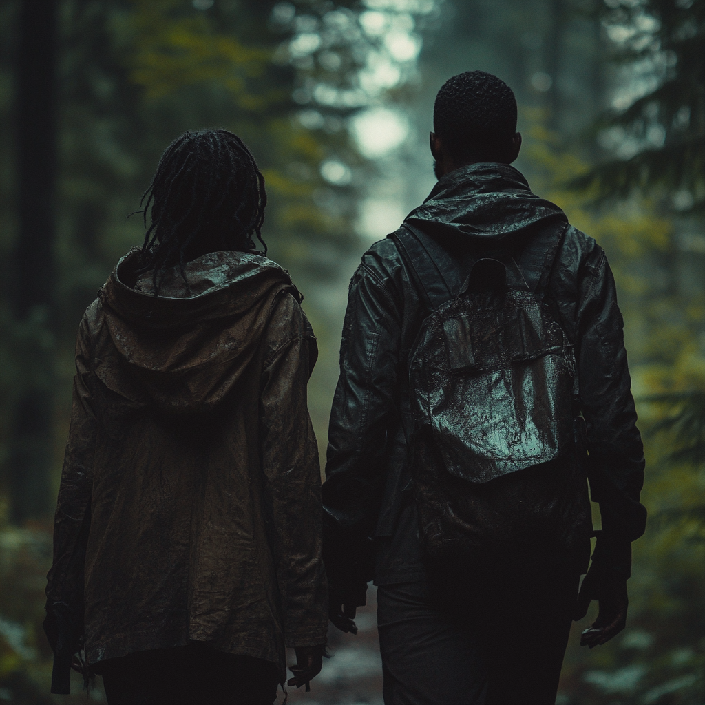 Dystopian Future: Black Couple Walking Forest, No Electronics