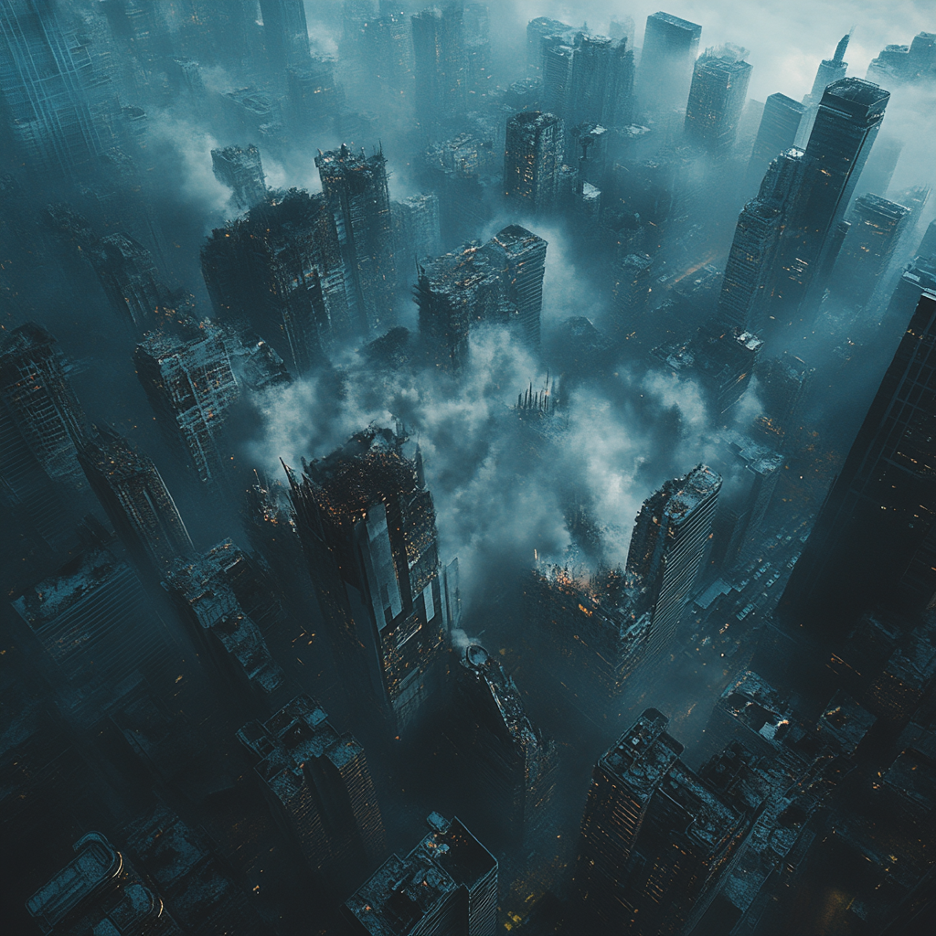 Dystopian city with damaged buildings and smoke clouds.