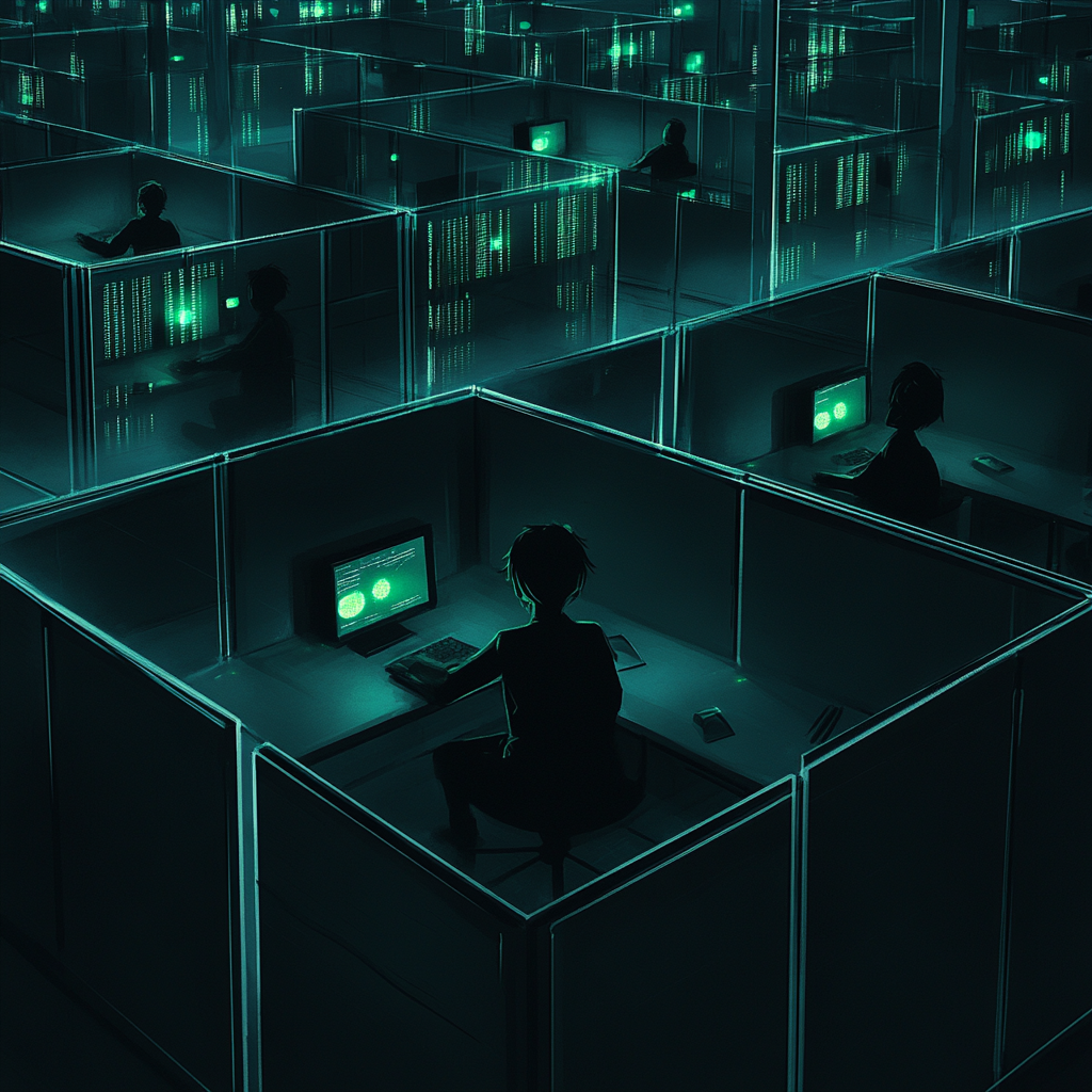 Dystopian scene with faceless figures working in cubicles.