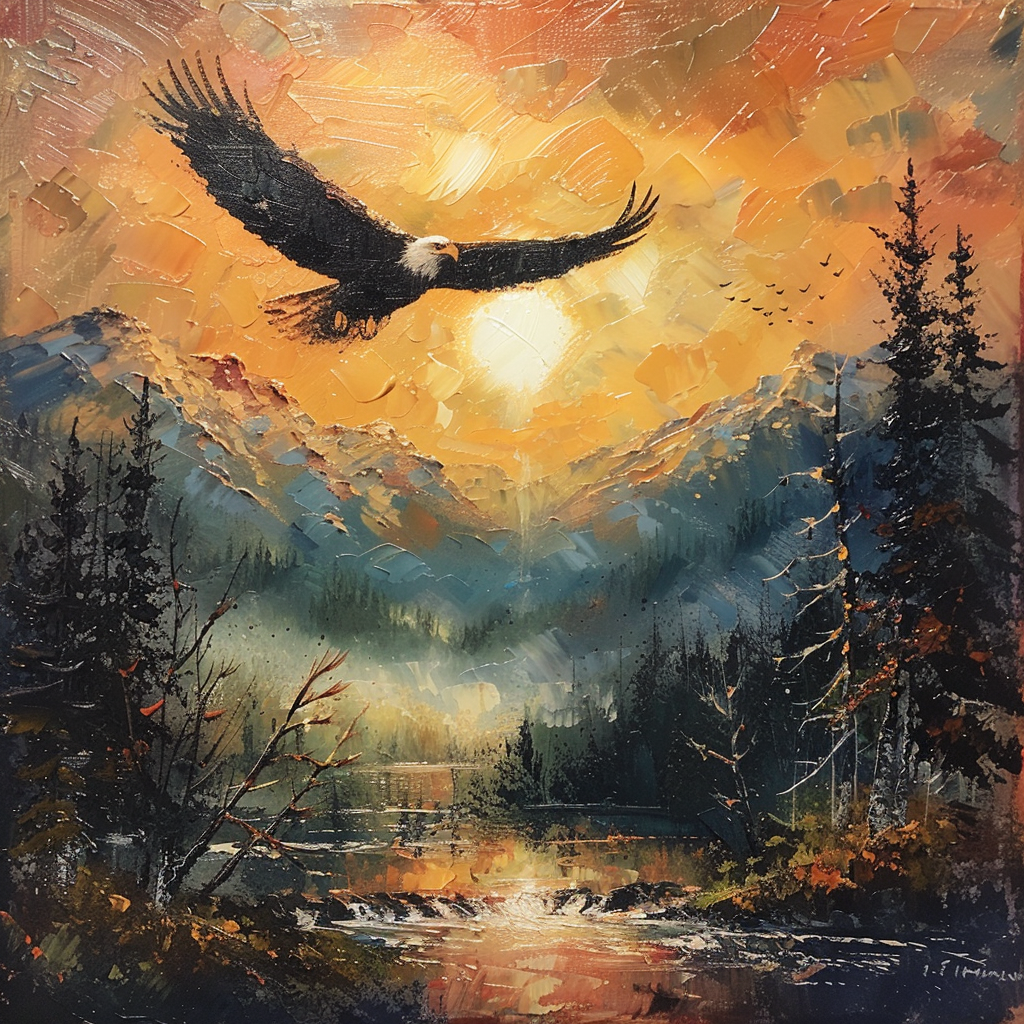 Eagle flying over mountains at sunset, trees, river misty