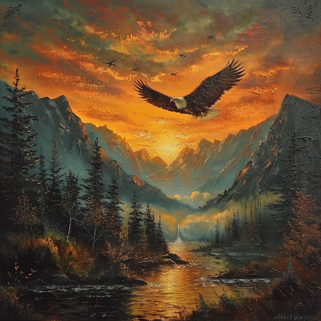 Eagle flying over mountains in Bob Ross style painting.