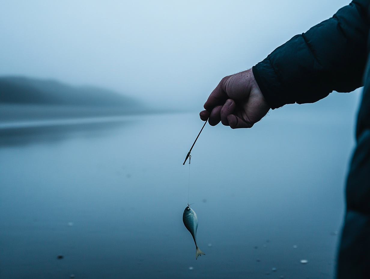 Early morning beach scene with man and blowfish