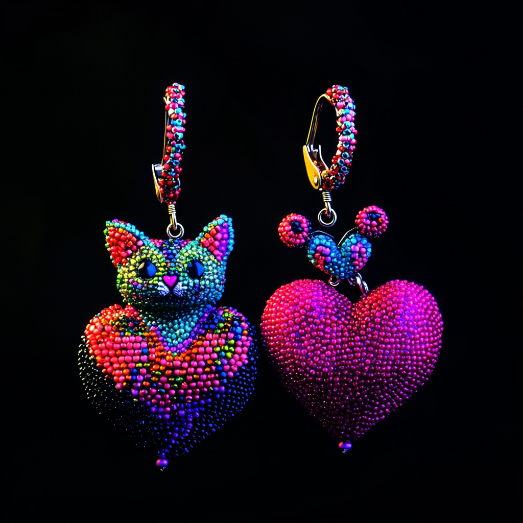 Earrings with heart and cat design in Dada style.