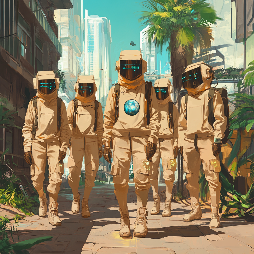 Earth symbol urban tribe in cyberpunk world, beige outfits.