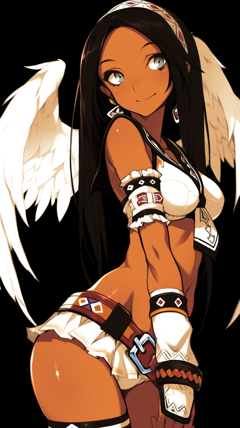 Ebony female vampire with white wings in anime style.