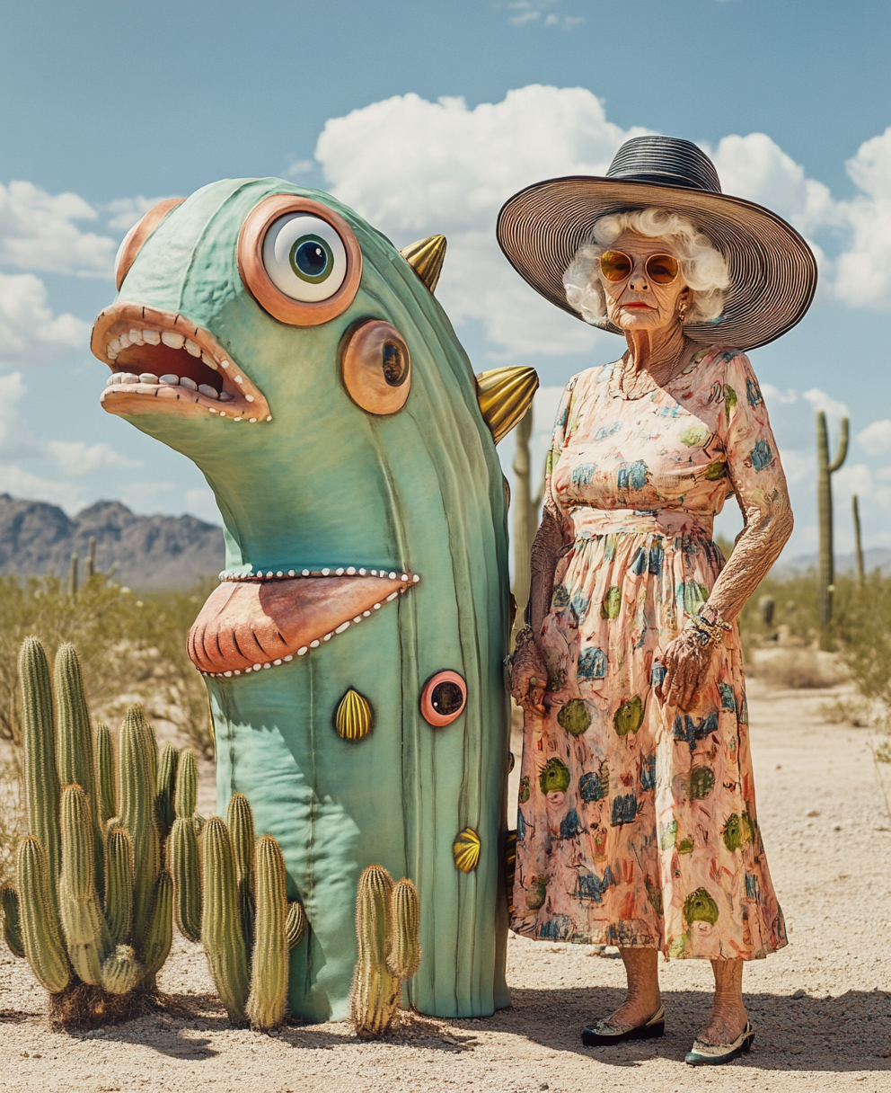 Eccentric grandmother in whimsical desert setting, surreal style photography.