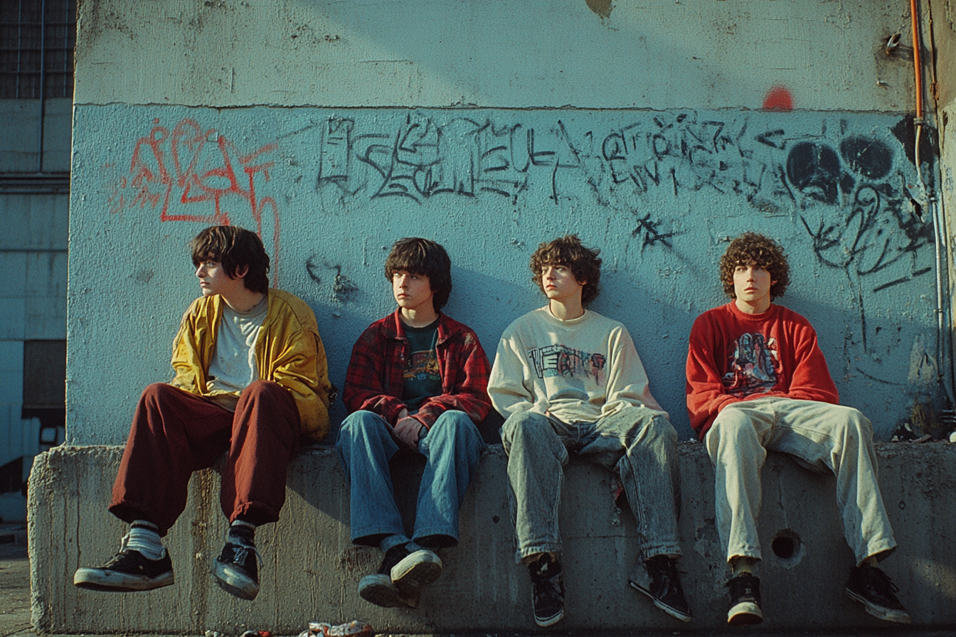Eccentric teens on wall, industrial backdrop, color film.