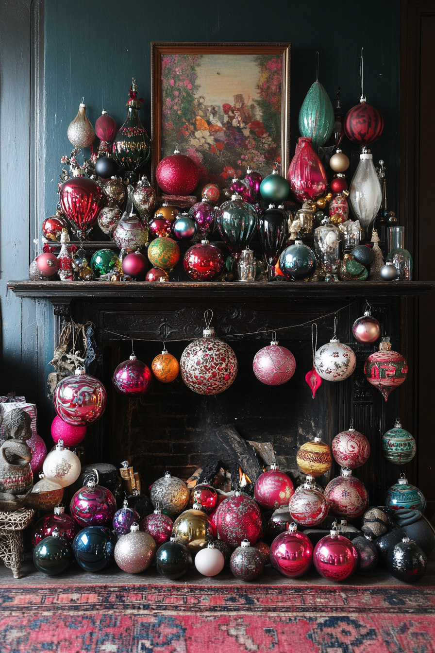 Eclectic Ornaments Mix on Festive Fireplace Mantle