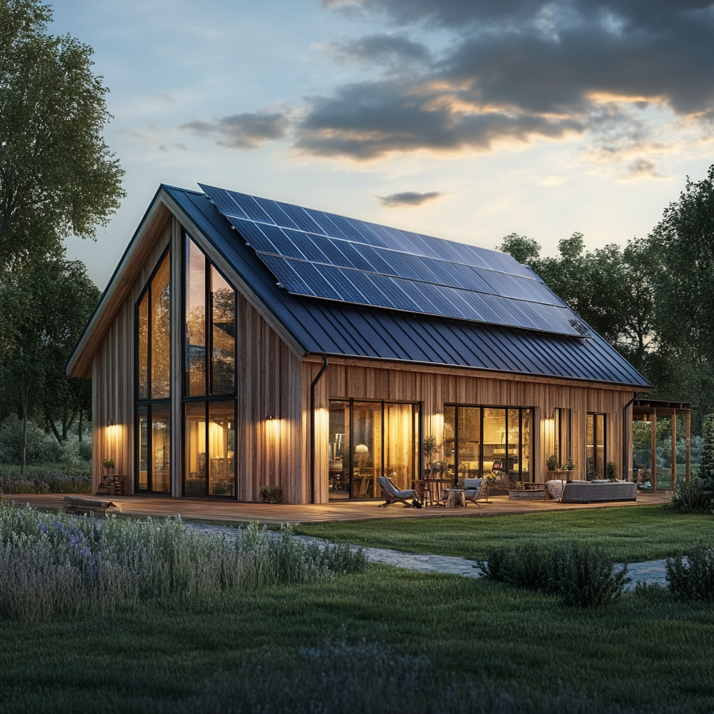 Eco-friendly barndominium with solar panels and efficient windows.