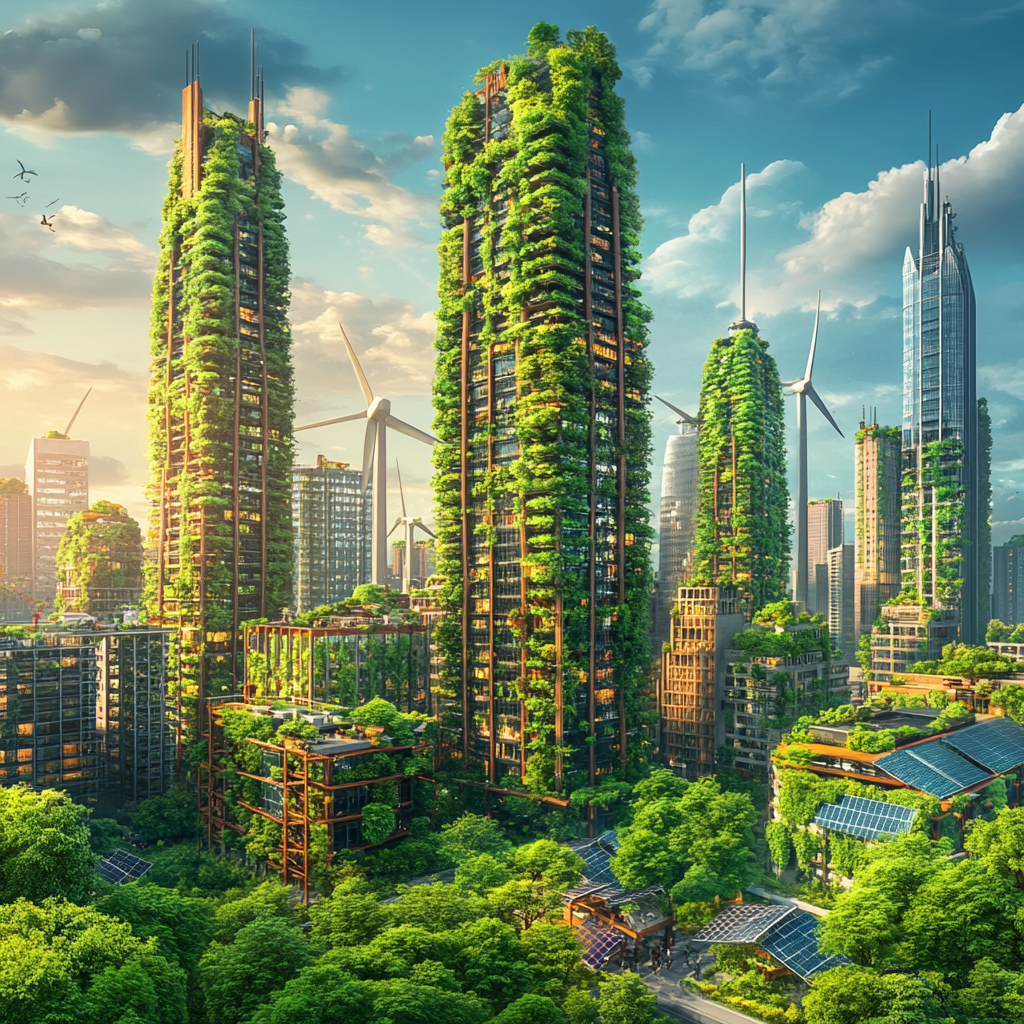 Eco-friendly city with green buildings and renewable energy sources.