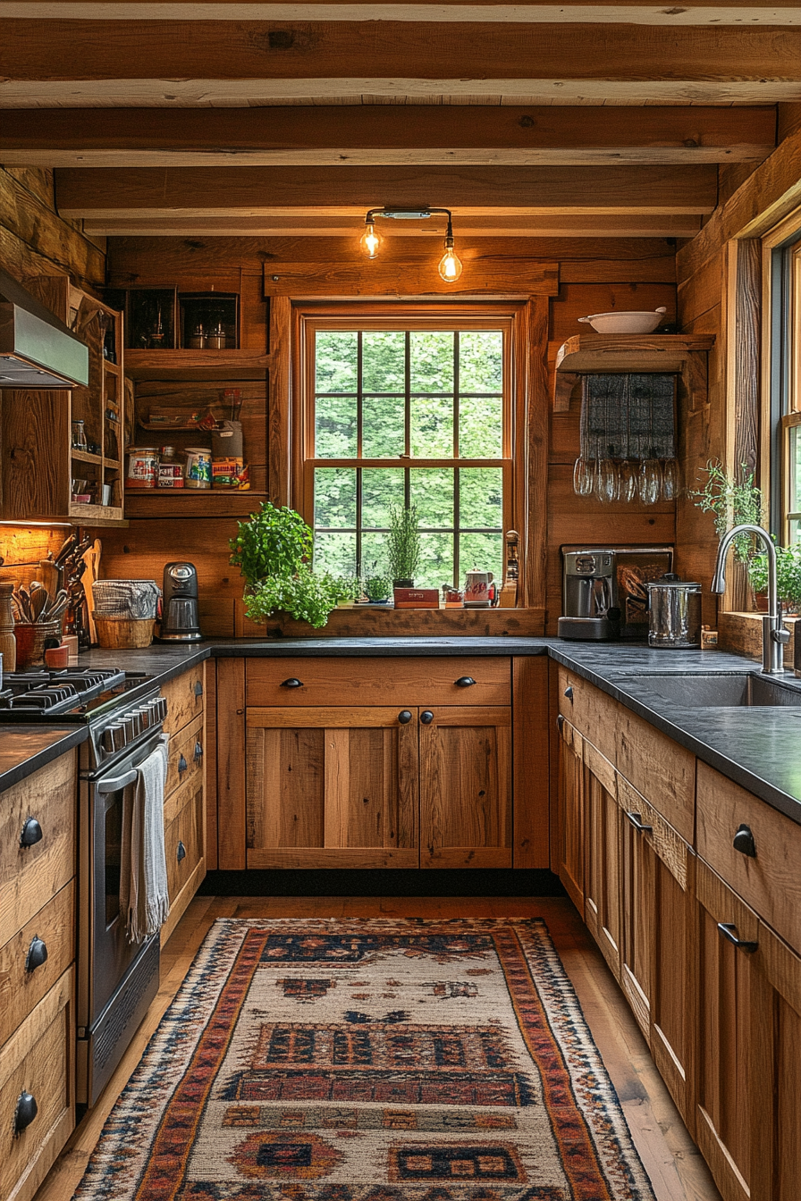 Eco-friendly kitchen with bamboo flooring, recycled glass, herbs.