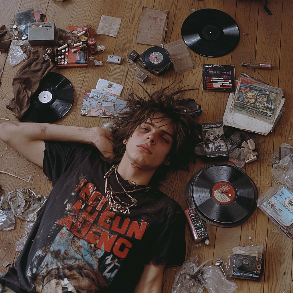 Edgy young man surrounded by vinyl records 