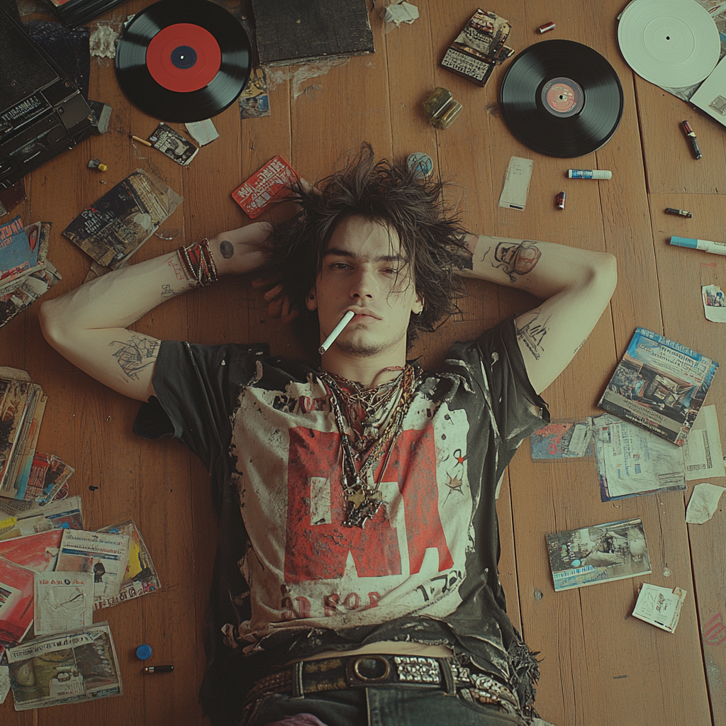 Edgy young man surrounded by vinyl records and cigarette packs