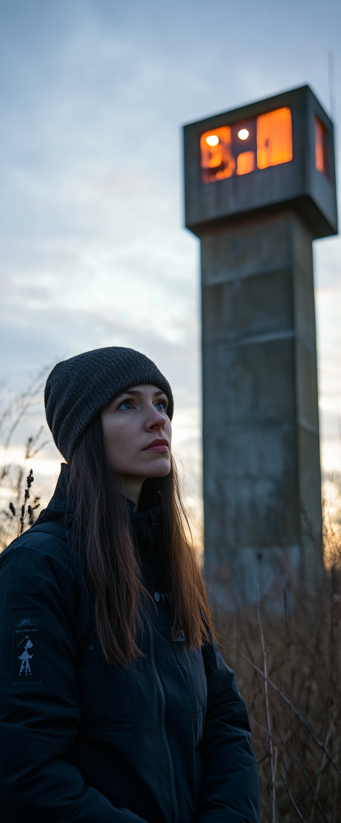 Editorial photography of woman in front of giant earthship.