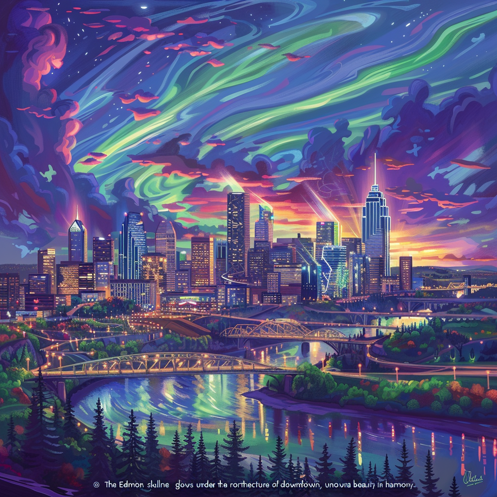 Edmonton skyline glows under northern lights neon futurism