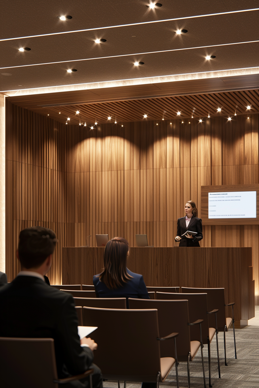 Educator practices public speaking in modern courtroom setting.