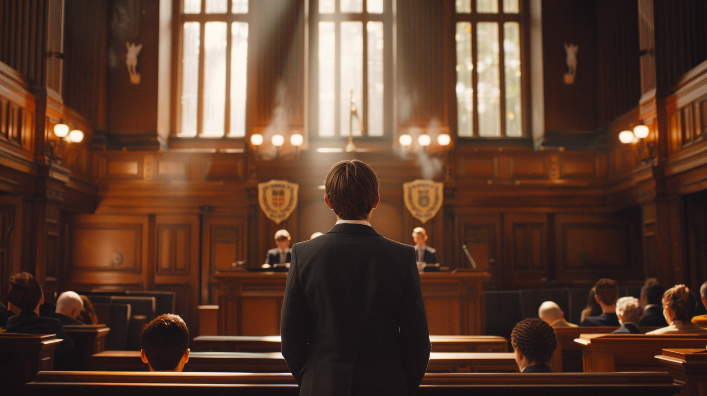 Educator practicing speech in formal courtroom setting.