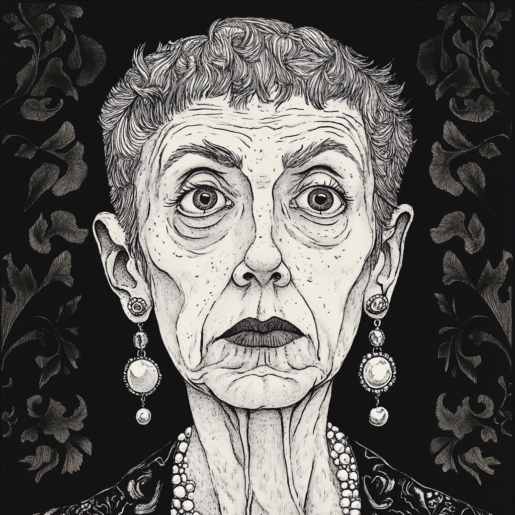 Edward Gorey-style Cartoon Portrait of Mysterious Woman