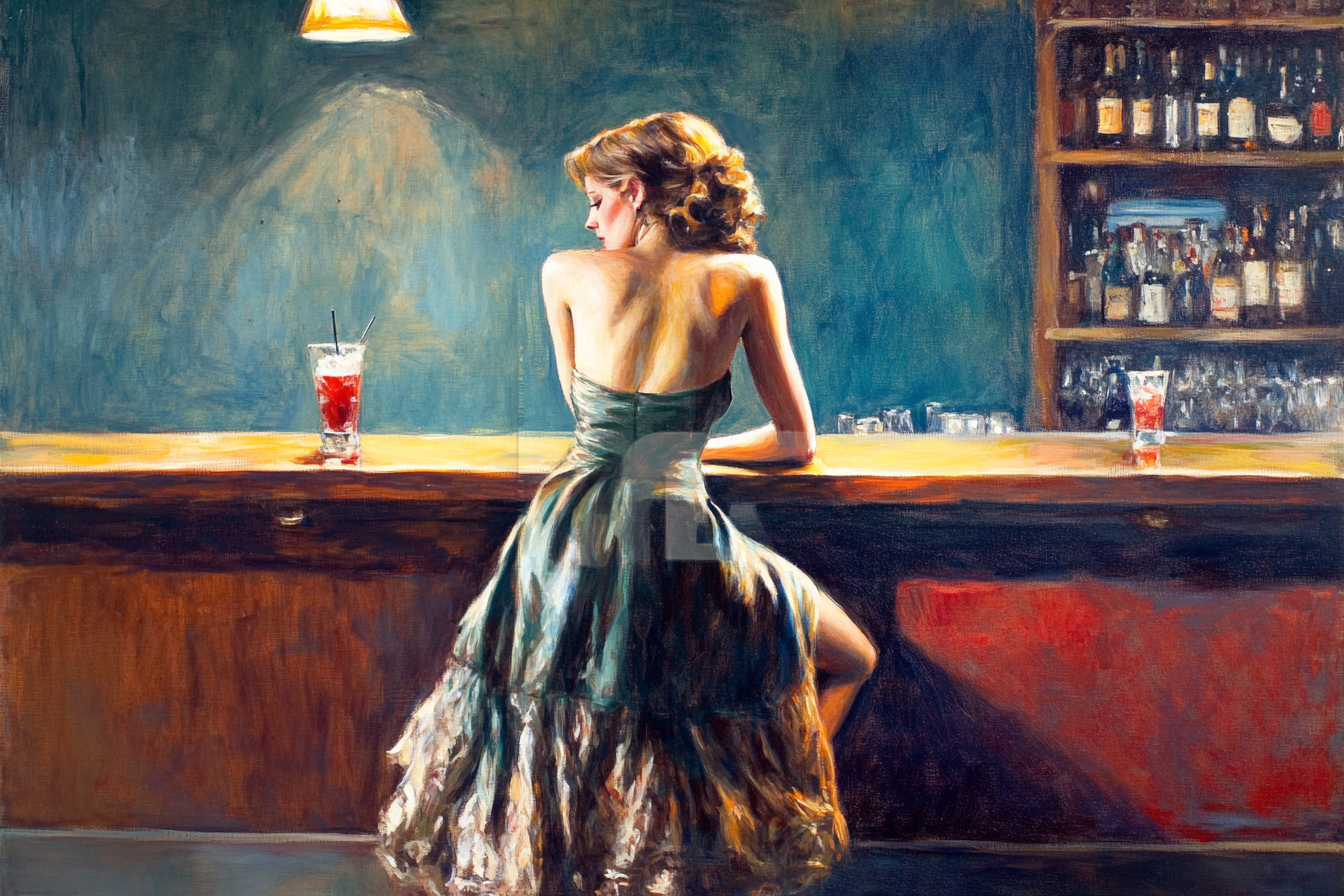 Edward Hopper Hyperrealist Painting of Glamorous Woman at Bar