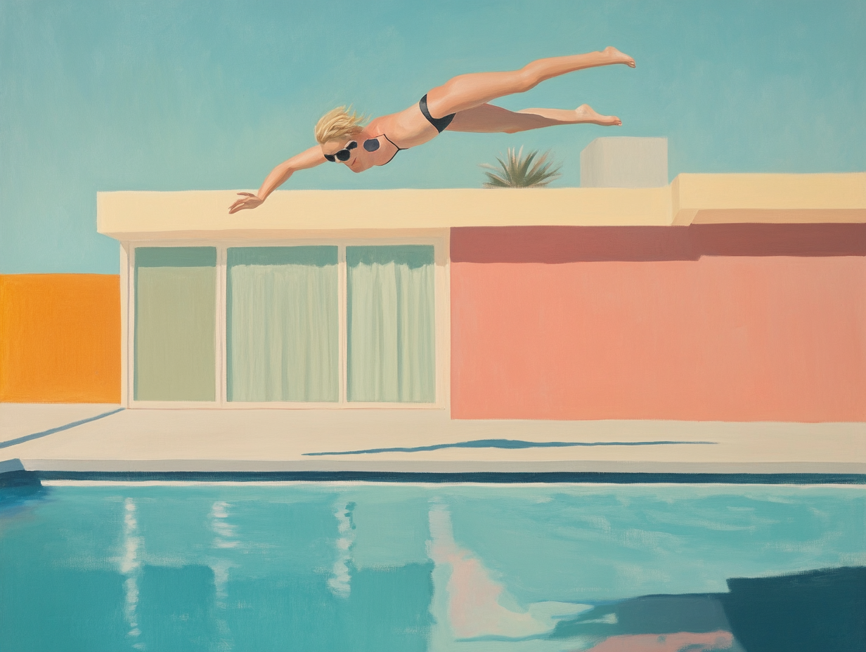 Edward Hopper hyperrealistic painting blond woman sunglasses pool dive pastel architecture.