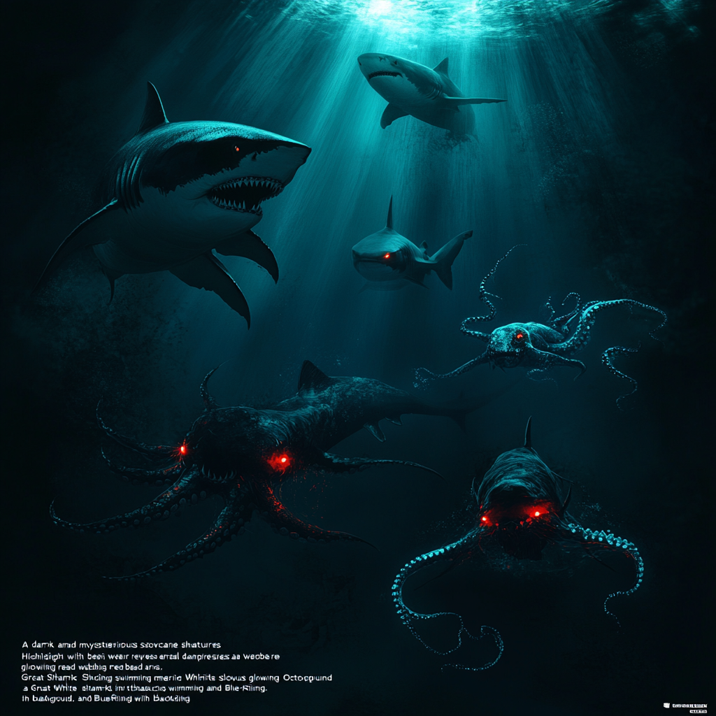 Eerie Vampire Squid, menacing Great White Shark, glowing Octopus.