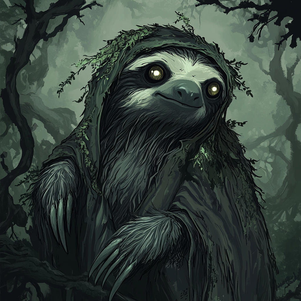 Eerie and Atmospheric Illustration: Scary Sloth in Haunted Forest