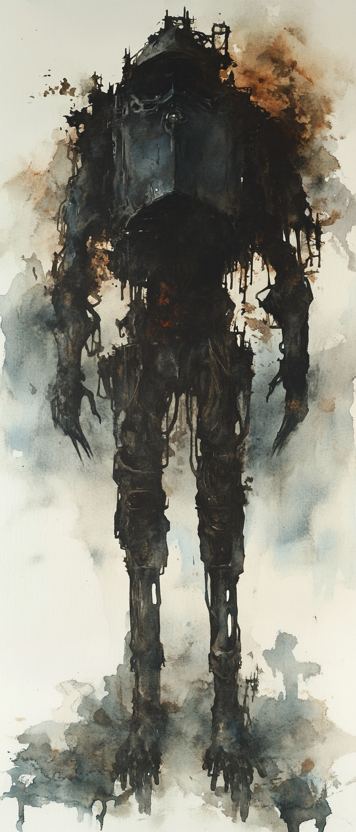 Eerie and ethereal dark fantasy metal golem art.