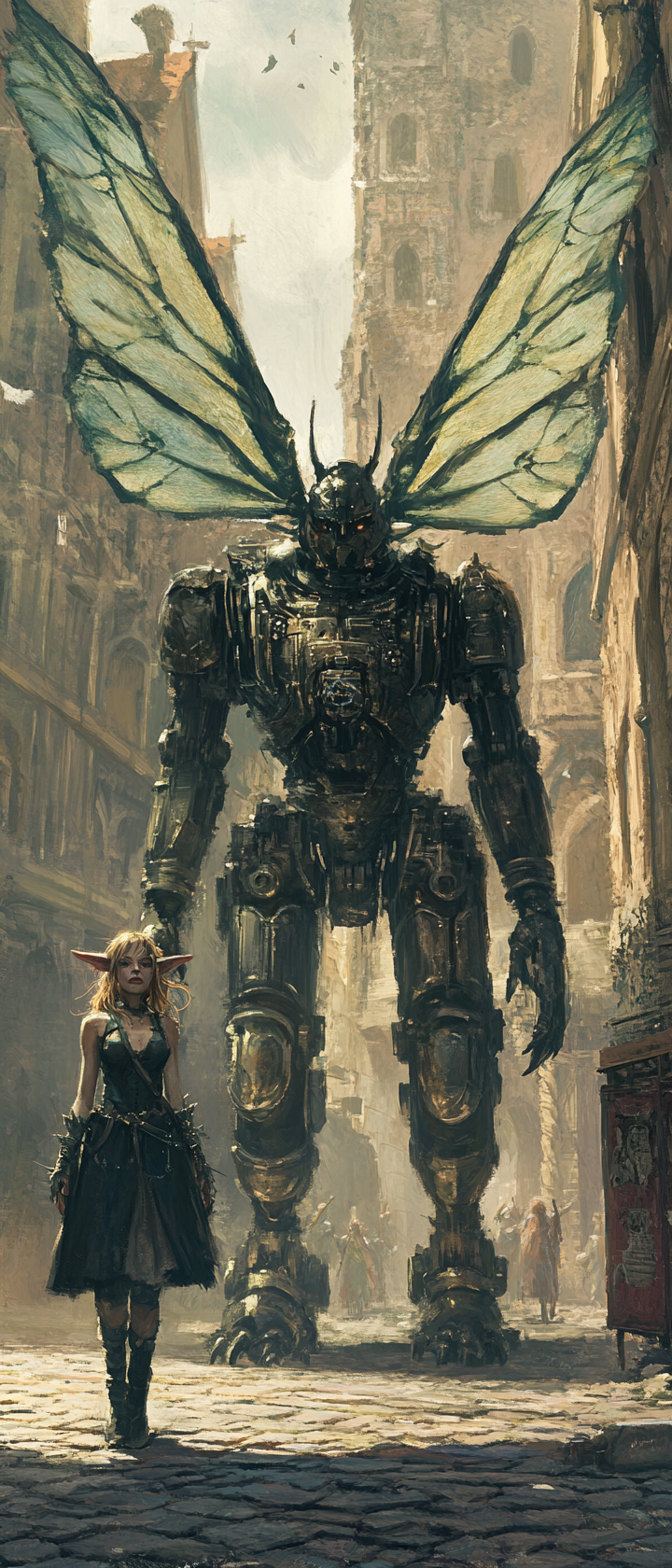 Eerie female adventurer with fairy wings and metal golem.