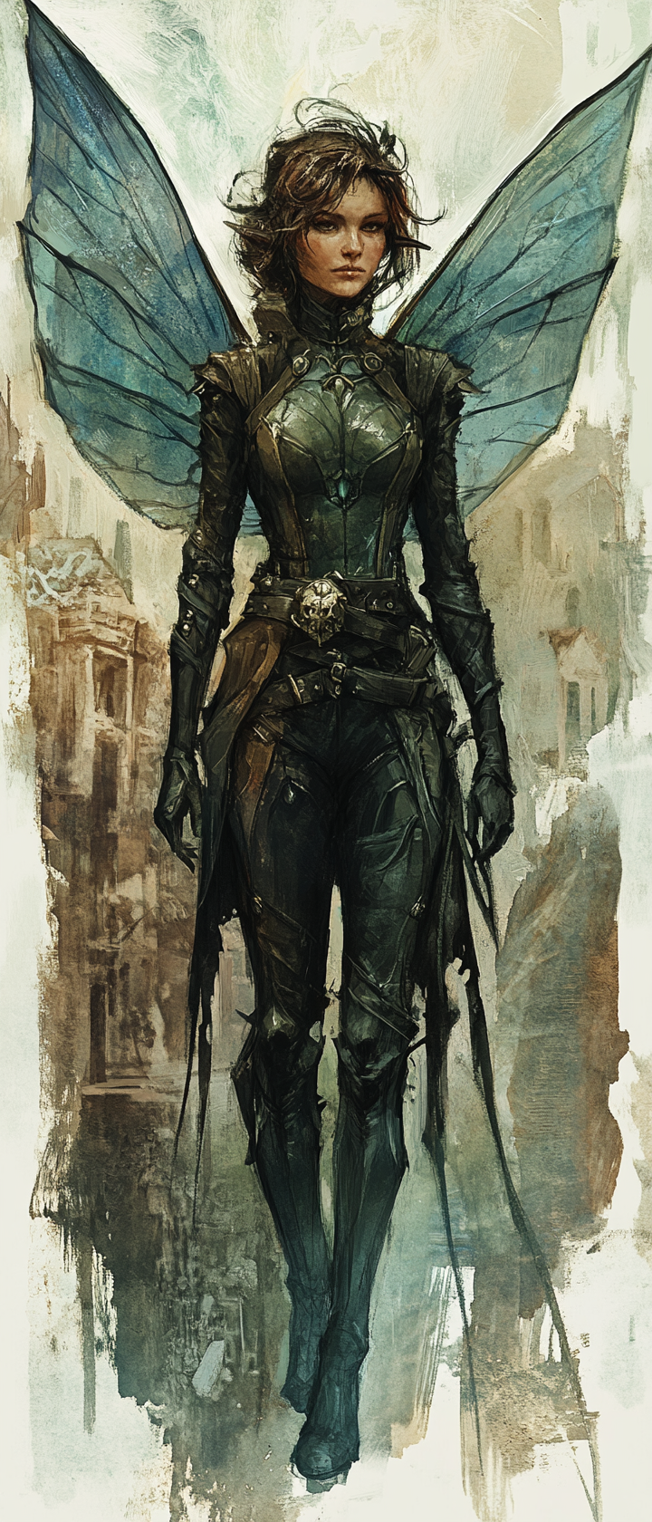 Eerie female fay adventurer with folded insect wings.