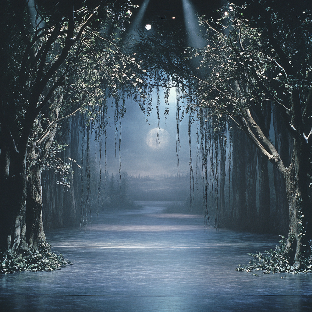 Eerie forest with moonlit lake for Swan Lake ballet.