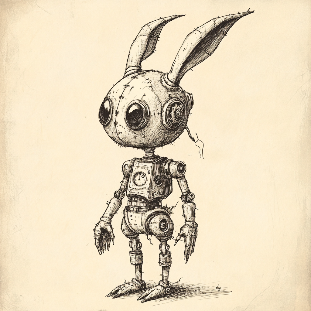 Eerie humanoid rabbit with robotic parts in vintage style.