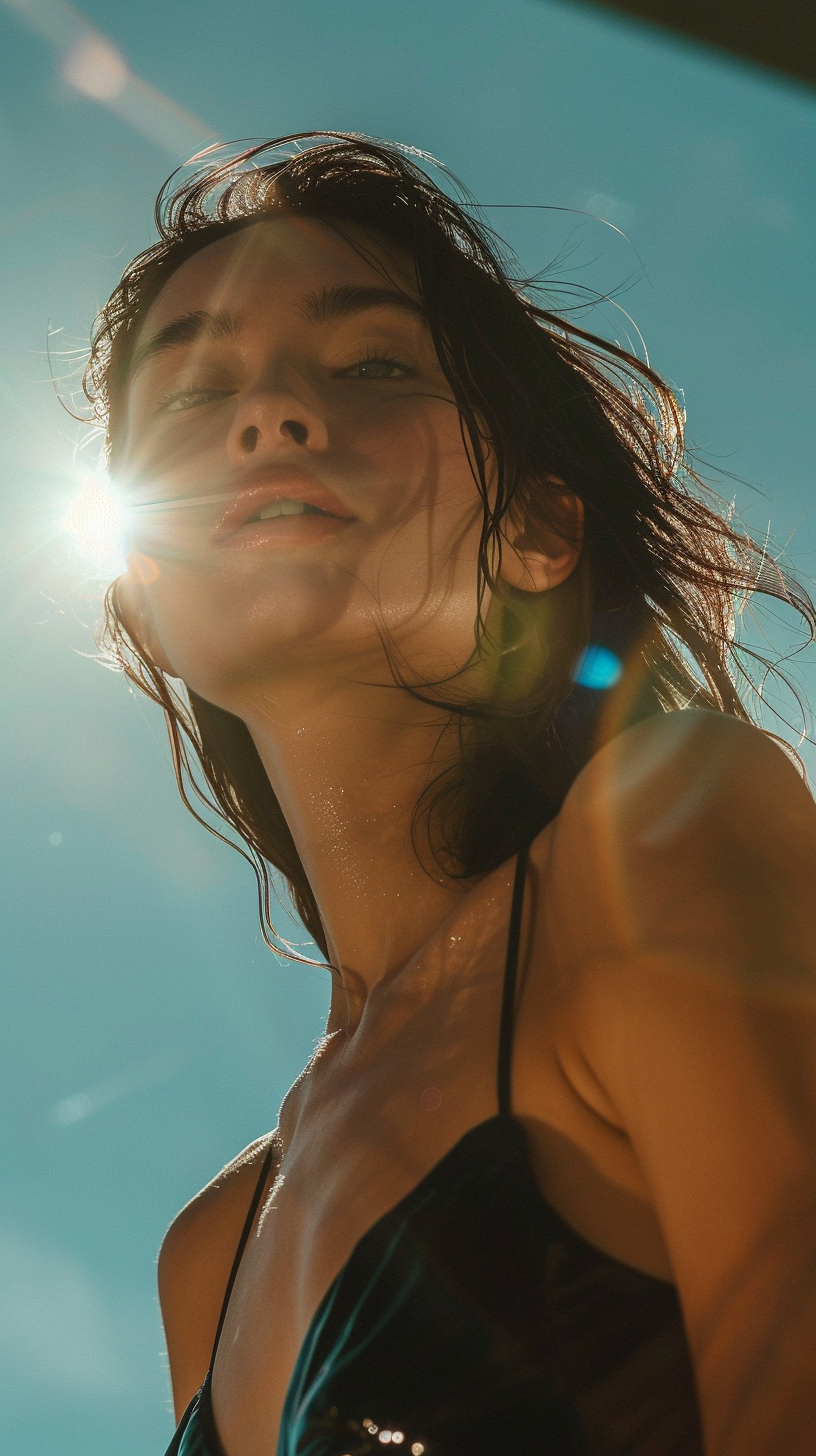 Eerie sunlit half body photo of Australian model.