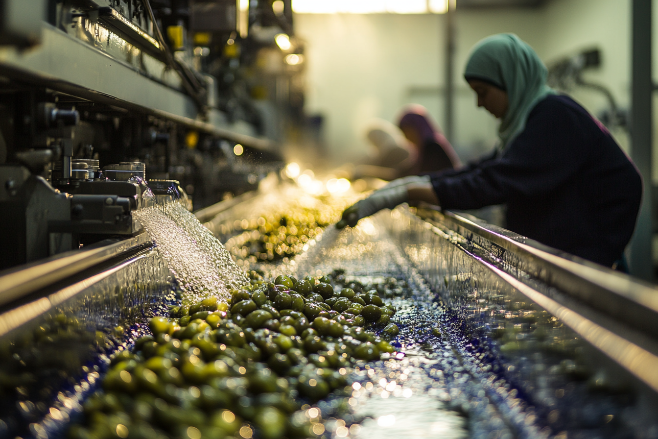 Efficient factory workers sort olives under bright lights.